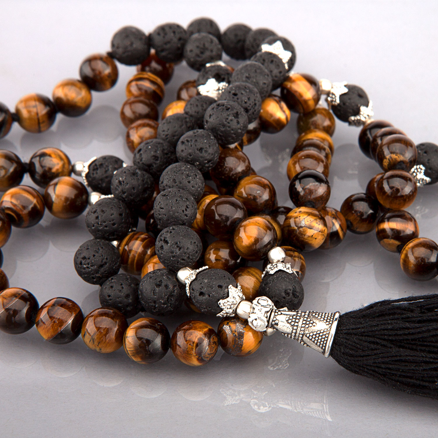 Collana Mala Meditazione Con Ciondolo Croce – Perline Ematite, Ossidiana E Occhio Di Tigre Blu
