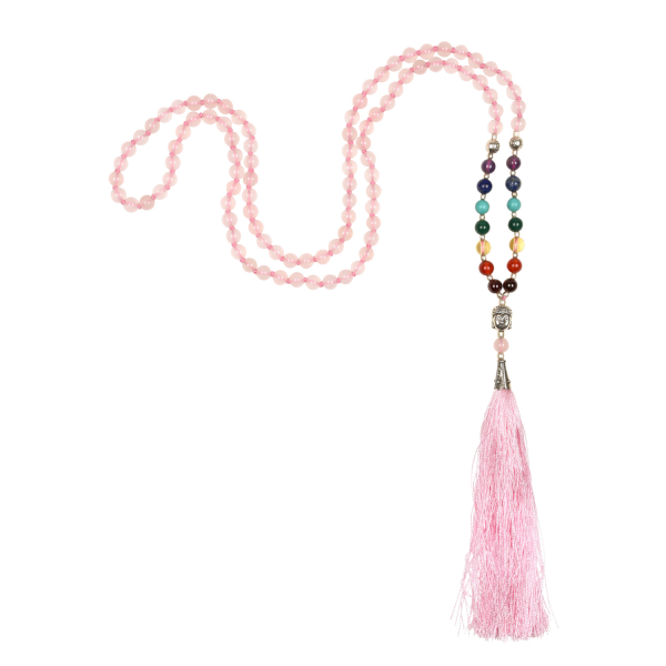 Collana Mala 7 chakra quarzo rosa, 108 perle con fiocco rosa