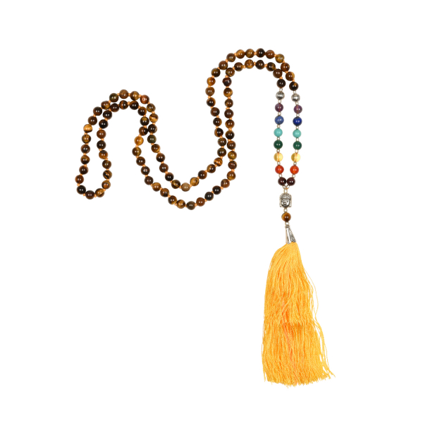 Collana Mala 7 chakra occhio di tigre, 108 grani
