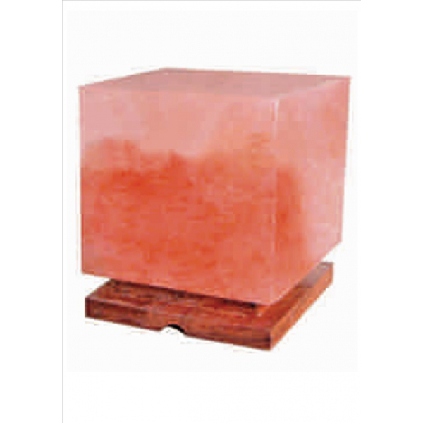 Lampada di Sale Rosa Cubo con base in legno di cedro