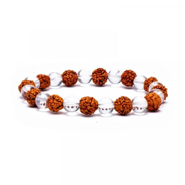 Braccialetto Mala elastico Rudraksha-Cristallo di rocca