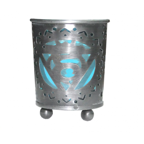 Porta Lumino Votivo 5°Chakra in metallo con bicchiere Blu