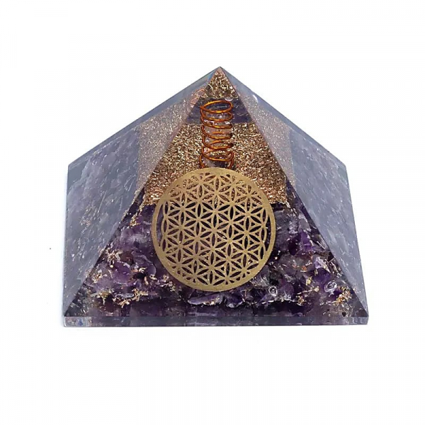 Piramide Orgonite Ametista con fiore della vita 7x7x6