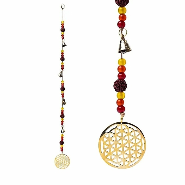 Cordone decorativo con Campanelle, semi di Rudraksha e Fiore della Vita - Pendente