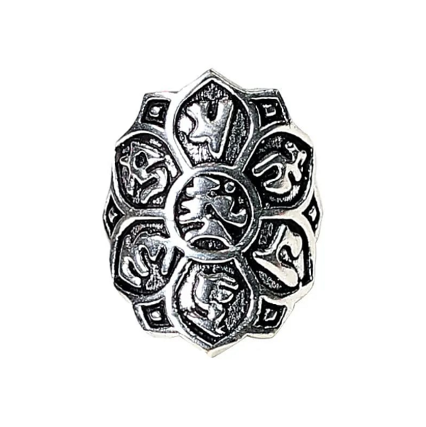 Anello Loto ottone color argento con simboli 7 Chakra privo di nichel - India