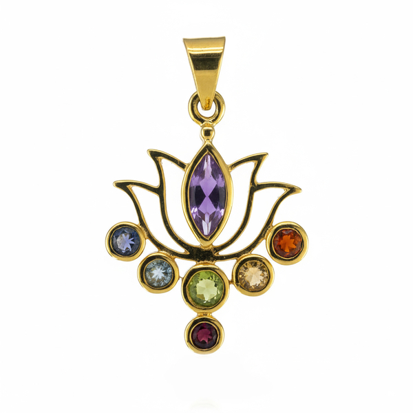 Ciondolo a forma di Loto con pietre 7 chakra in Argento 925 placcato oro